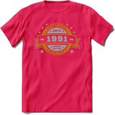 Premium Since 1991 T-Shirt | Zilver - Goud | Grappig Verjaardag en Feest Cadeau Shirt | Dames - Heren - Unisex | Tshirt Kleding Kado | - Roze - M
