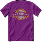 Premium Since 1981 T-Shirt | Zilver - Goud | Grappig Verjaardag en Feest Cadeau Shirt | Dames - Heren - Unisex | Tshirt Kleding Kado | - Paars - XL