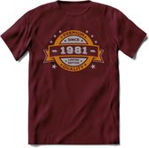 Premium Since 1981 T-Shirt | Zilver - Goud | Grappig Verjaardag en Feest Cadeau Shirt | Dames - Heren - Unisex | Tshirt Kleding Kado | - Burgundy - M