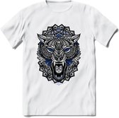 Wolf - Dieren Mandala T-Shirt | Donkerblauw | Grappig Verjaardag Zentangle Dierenkop Cadeau Shirt | Dames - Heren - Unisex | Wildlife Tshirt Kleding Kado | - Wit - XL