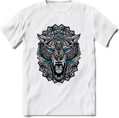 Wolf - Dieren Mandala T-Shirt | Blauw | Grappig Verjaardag Zentangle Dierenkop Cadeau Shirt | Dames - Heren - Unisex | Wildlife Tshirt Kleding Kado | - Wit - M