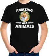 T-shirt vos - zwart - kinderen - amazing wild animals - cadeau shirt vos / vossen liefhebber L (146-152)