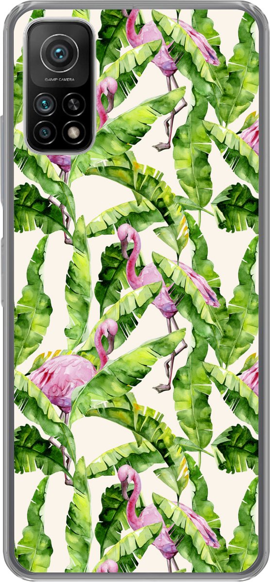 Telefoonhoesje Geschikt voor Xiaomi Mi 10T 5G hoesje - Flamingo - Bladeren - Patronen - Siliconen Telefoonhoesje Telefoonhoesje