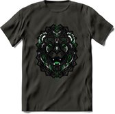 Leeuw - Dieren Mandala T-Shirt | Groen | Grappig Verjaardag Zentangle Dierenkop Cadeau Shirt | Dames - Heren - Unisex | Wildlife Tshirt Kleding Kado | - Donker Grijs - XL