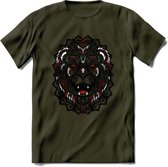 Leeuw - Dieren Mandala T-Shirt | Rood | Grappig Verjaardag Zentangle Dierenkop Cadeau Shirt | Dames - Heren - Unisex | Wildlife Tshirt Kleding Kado | - Leger Groen - M