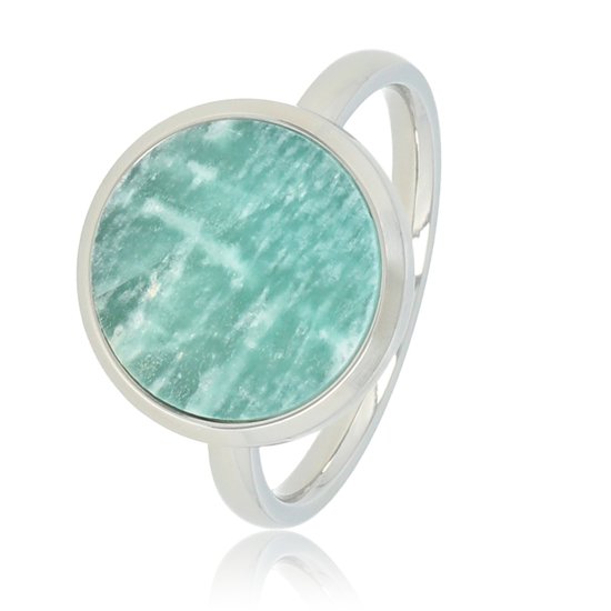 My Bendel - Ring zilverkleurig met ronde grote Amazonite - Schitterde ring met 12 mm ronde Amazonite edelsteen - De aderen in deze steen maken iedere ring uniek - Met luxe cadeauverpakking