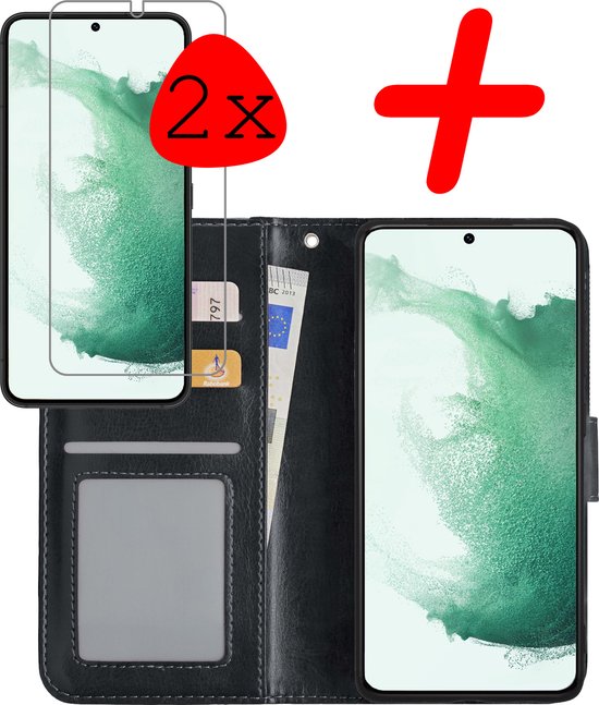 Étui portefeuille noir avec 2 protecteurs d'écran et cartes.