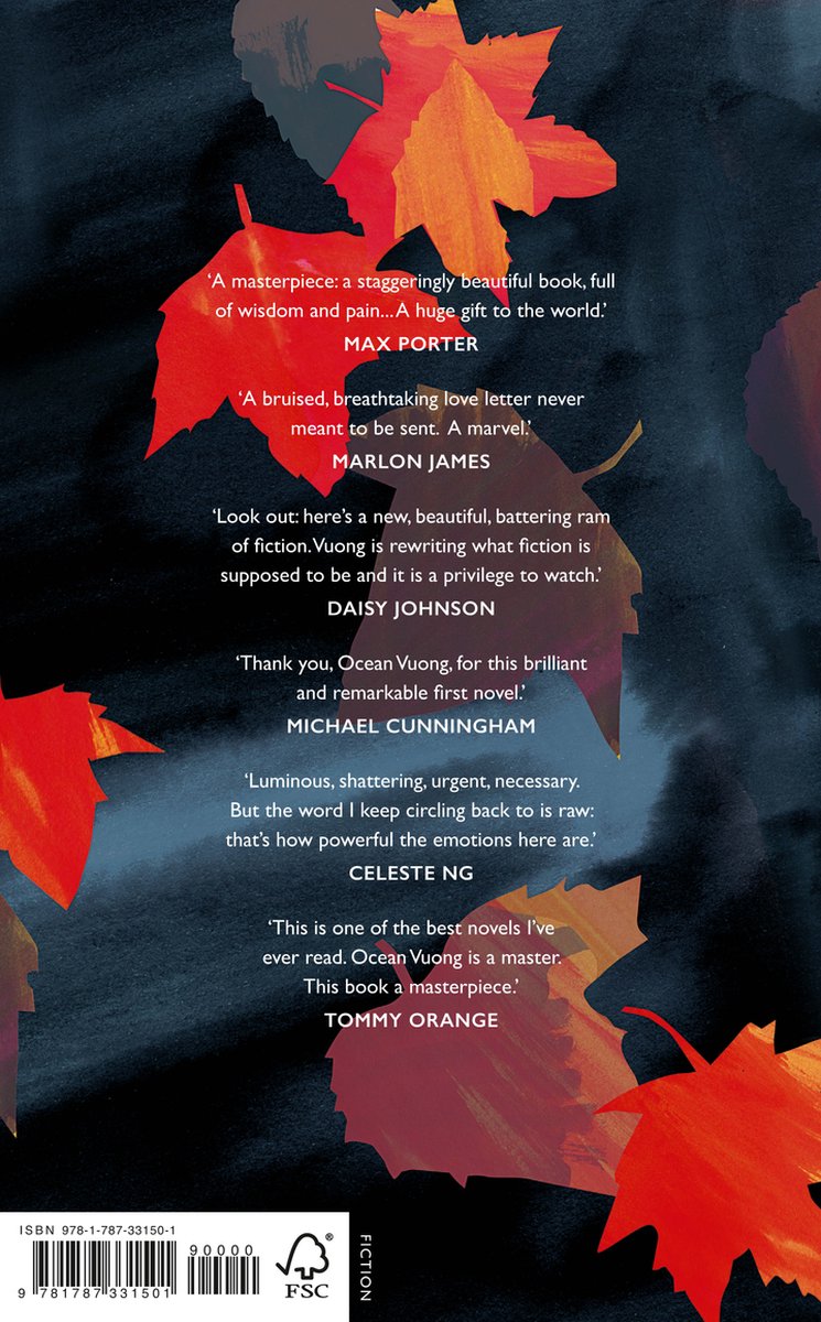 Achterkant van het boek 'On Earth We're Briefly Gorgeous', met citaten van critici, ISBN en FSC-logo, tegen een donkere achtergrond met rode bladeren.