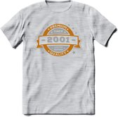 Premium Since 2001 T-Shirt | Goud - Zilver | Grappig Verjaardag Kleding Cadeau Shirt | Dames - Heren - Unisex Tshirt | - Licht Grijs - Gemaleerd - S