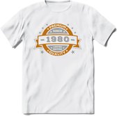 Premium Since 1980 T-Shirt | Goud - Zilver | Grappig Verjaardag Kleding Cadeau Shirt | Dames - Heren - Unisex Tshirt | - Wit - L