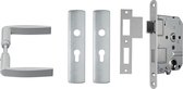 AXA Binnendeurbeslag set (Curve klik) Aluminium geslepen: Kruk (model Curve) op schild met cilindergat PC55 en slot met witte voorplaat