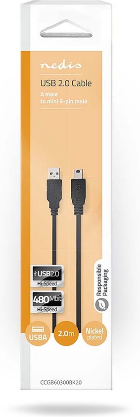 Câble USB | USB 2.0 | USB-A Mâle | USB-Câ„¢ Mâle | 2.5 W | 480 Mbps | Plaqué Nickel | 2.00 M | Rond | PVC | Noir | Label