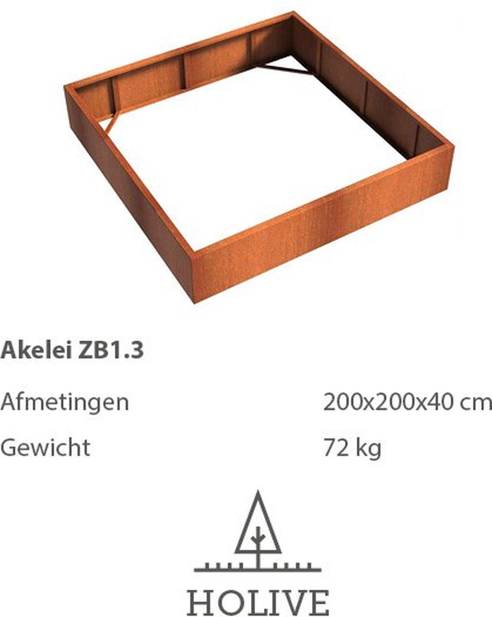 Cortenstaal Akelei ZB1.3 Vierkant zonder bodem 200x200x40 cm. Plantenbak