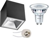 Opbouwspot Set - Prima Cliron Pro - GU10 Fitting - Opbouw Vierkant - Mat Zwart/Zilver - Verdiept - 90mm - Philips - CorePro 827 36D - 4W - Warm Wit 2700K - Dimbaar