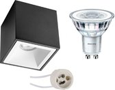 Opbouwspot Set - Pragmi Cliron Pro - GU10 Fitting - Opbouw Vierkant - Mat Zwart/Wit - Verdiept - 90mm - Philips - CorePro 830 36D - 4.6W - Warm Wit 3000K - BES LED