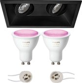 Pragmi Zano Pro - Inbouw Rechthoek Dubbel - Mat Zwart - Kantelbaar - 185x93mm - Philips Hue - LED Spot Set GU10 - White and Color Ambiance - Bluetooth - BSE