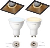 Pragmi Zano Pro - Inbouw Vierkant - Mat Zwart/Goud - Kantelbaar - 93mm - Philips Hue - LED Spot Set GU10 - White Ambiance - Bluetooth