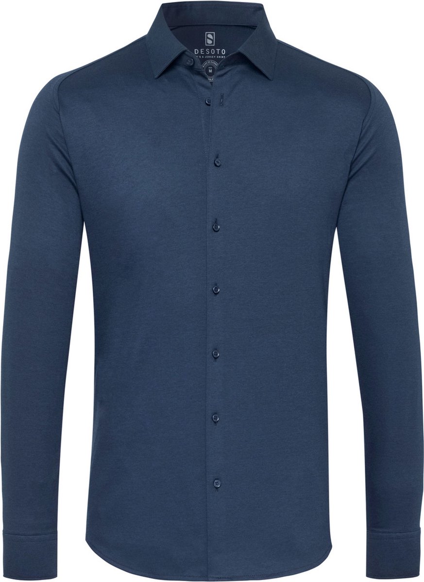 DESOTO slim fit overhemd - stretch pique tricot Kent kraag - jeansblauw melange - Strijkvrij - Boordmaat: 47/48