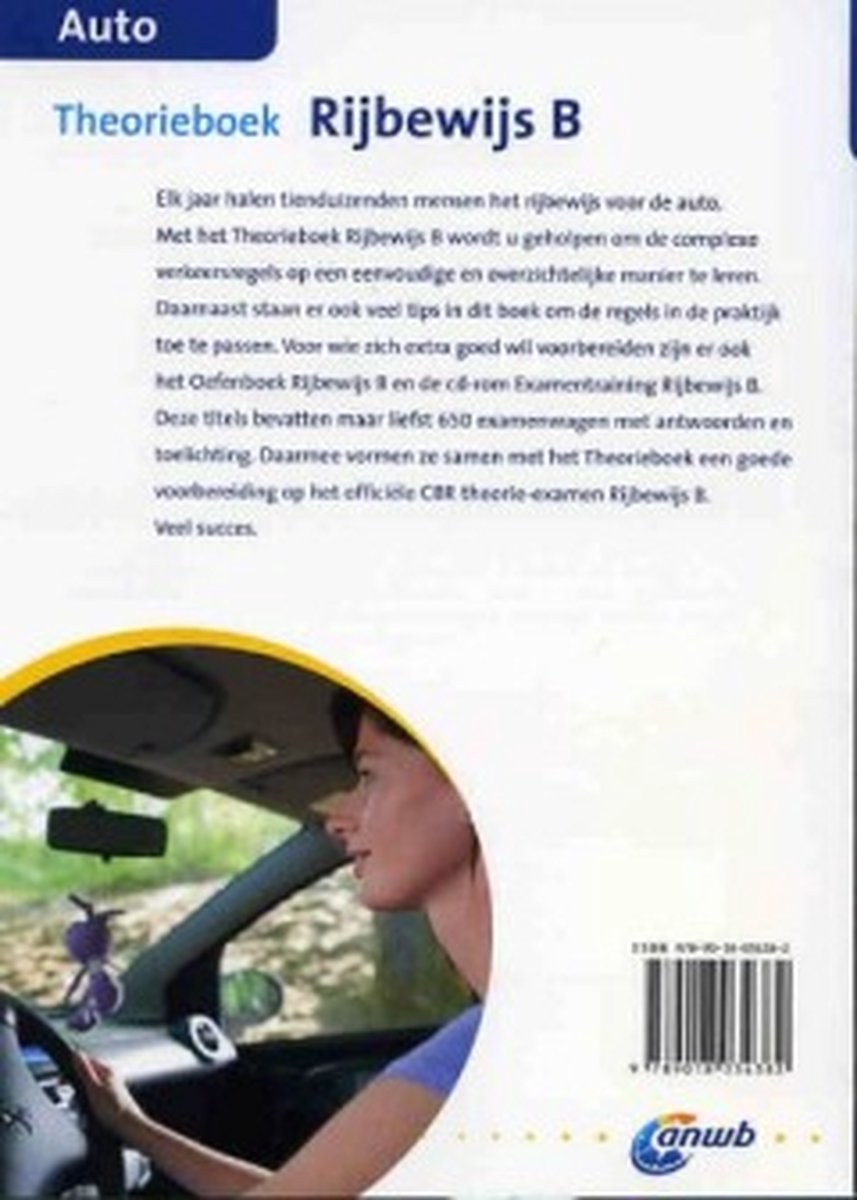 Achterkant theorieboek Rijbewijs B, met een vrouw achter het stuur van een auto.