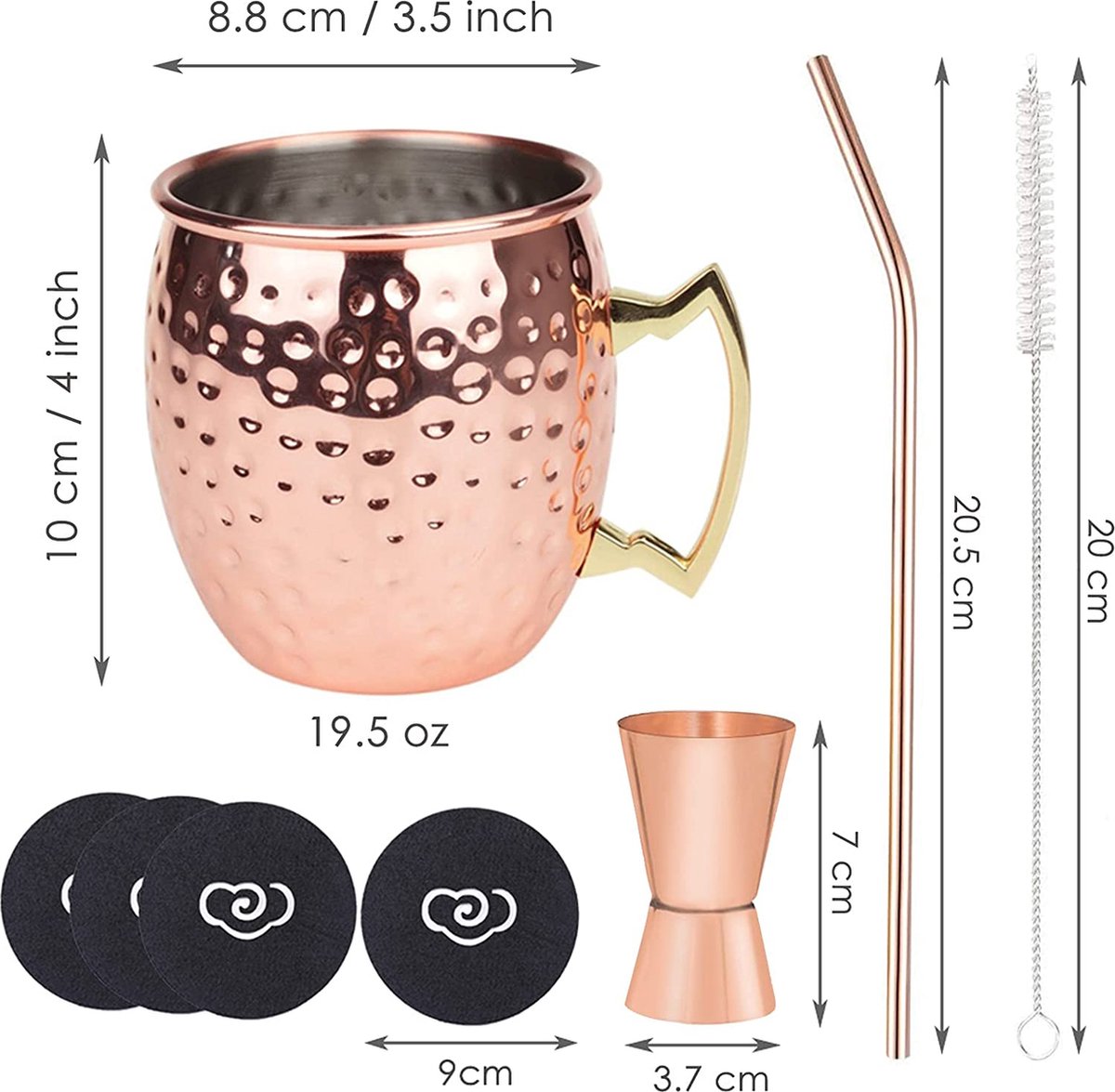 LIVEHITOP Moscow Mule Tasses 4 Pièces 19.5 Oz - Set Cuivre Avec Sous-Verres, Pailles, Jigger Et Pinceau
