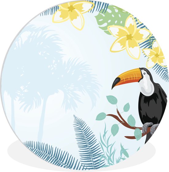 WallCircle - Wandcirkel ⌀ 150 - Een illustratie van tropische planten met een toekan - Ronde schilderijen woonkamer - Wandbord rond - Muurdecoratie cirkel - Kamer decoratie binnen - Wanddecoratie muurcirkel - Woonaccessoires