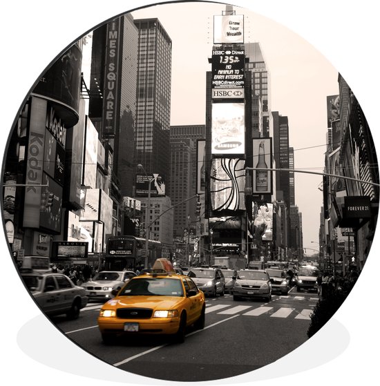 Présentoir d'un Broadway noir et blanc avec un taxi jaune Cercle mural aluminium ⌀ 30 cm - Tirage photo sur cercle mural / cercle vivant / cercle jardin (décoration murale)