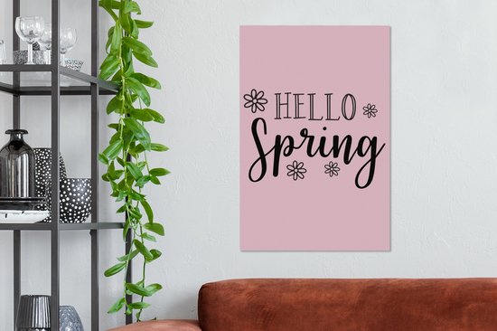 Tableau sur toile Citation Bonjour Printemps avec des fleurs en rose - 60x90 cm - Décoration murale