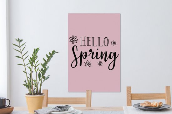 Tableau sur toile Citation Bonjour Printemps avec des fleurs en rose - 60x90 cm - Décoration murale