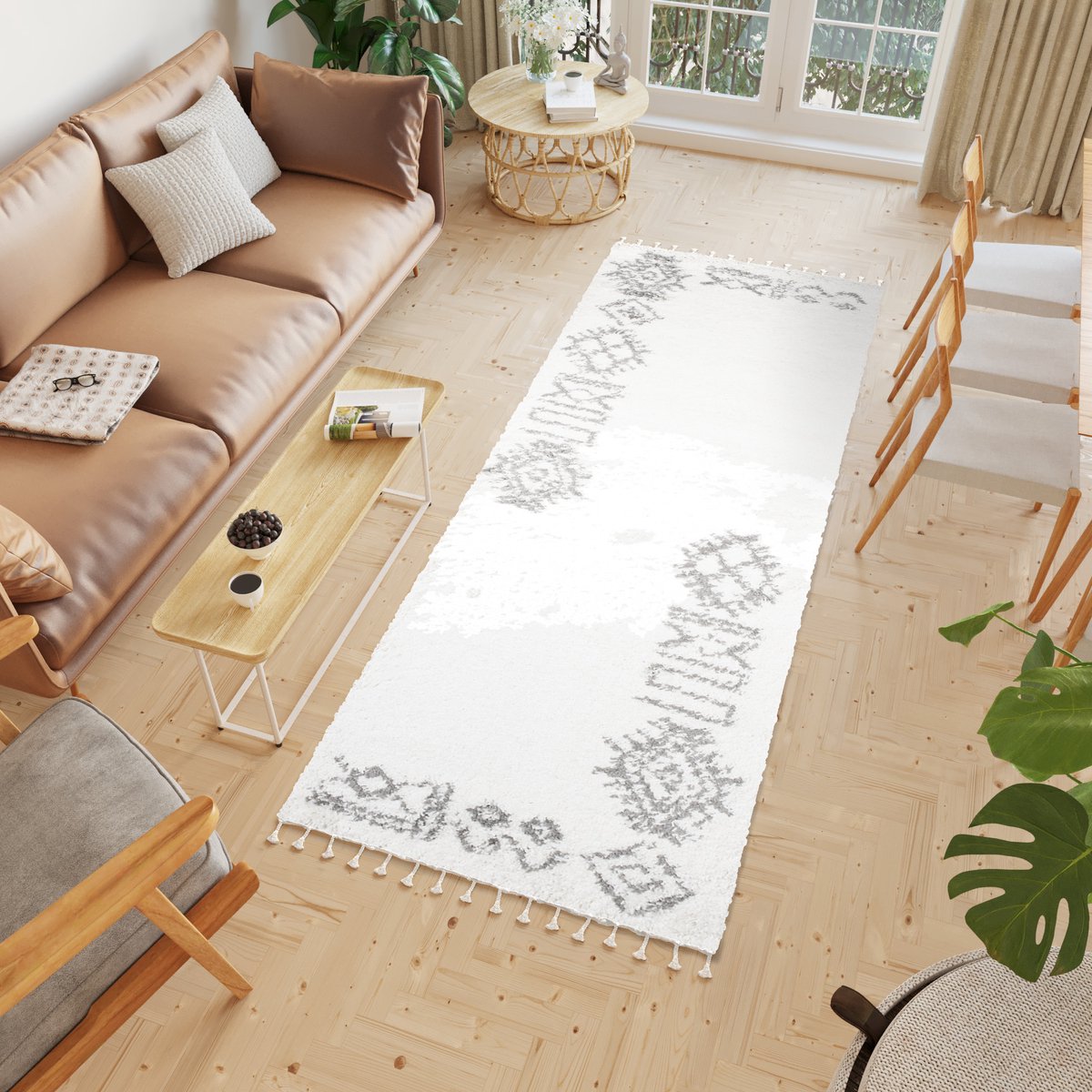 Tapiso Boho Loper Lichtbeige Hoogpolig Kwastjes Woonkamer Vloerkleed Maat- 100x160 Creme 2