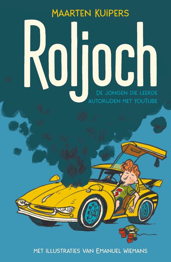Boek 'Roljoch' van Maarten Kuipers: illustratie van een jongen in een gele sportwagen met rookontwikkeling.