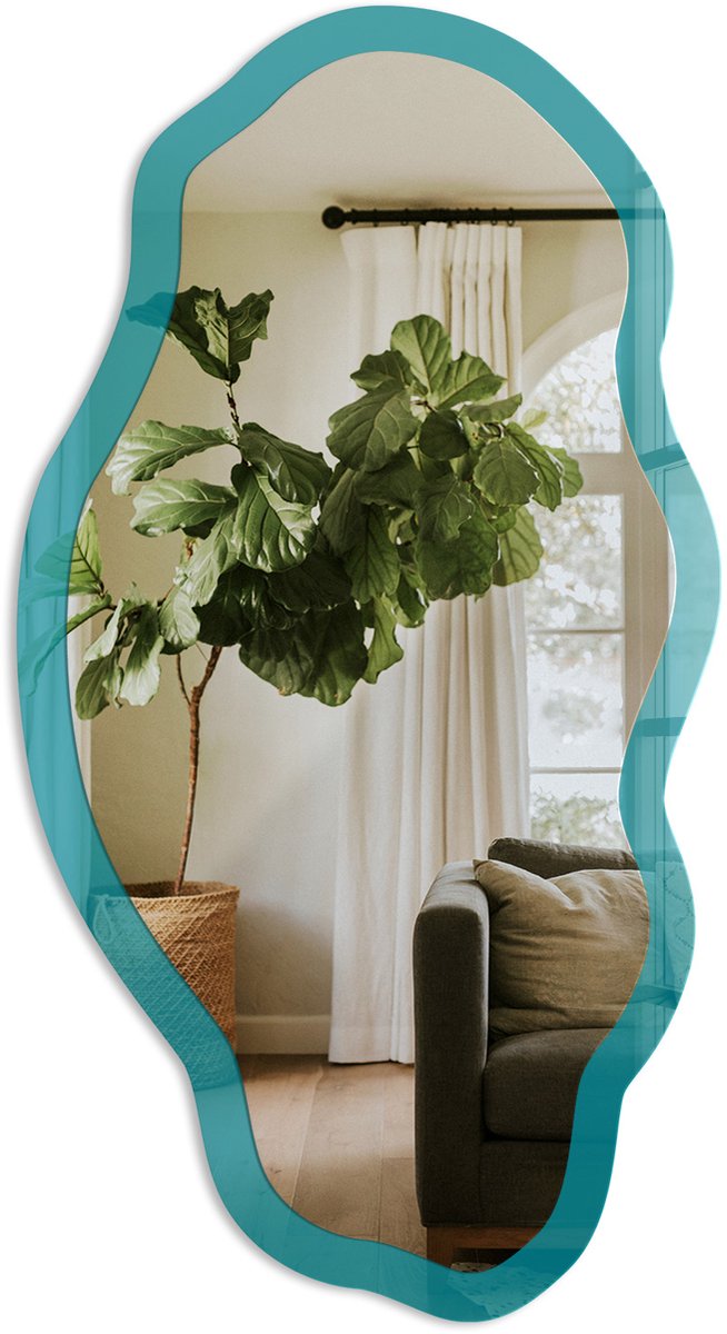 TULUP Koel Turkoois Spiegel - Turkoois Rechthoekige Spiegel Met Modern Design - Organische Spiegel - Kantoor, Woonkamer, Slaapkamer - Minimalistisch - 45x90 cm - Totale afmeting 52x97 cm Koel Turkoois, Turkoois