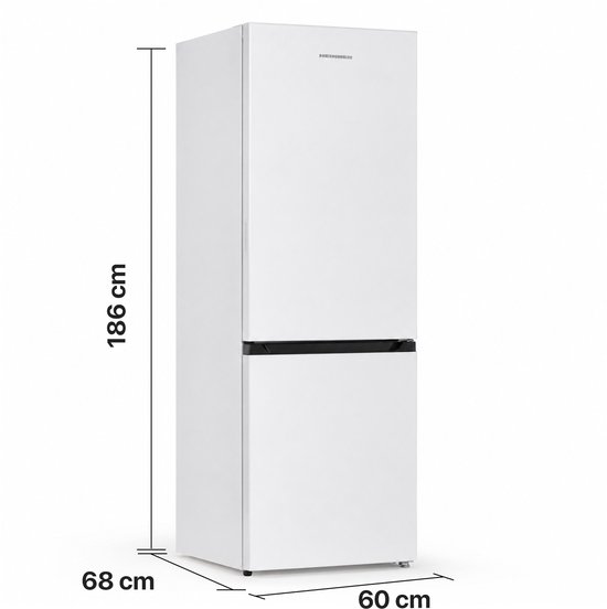 Witte Heinner koel-vriescombinatie met afmetingen: H. 186 cm, B. 68 cm, D. 60 cm.