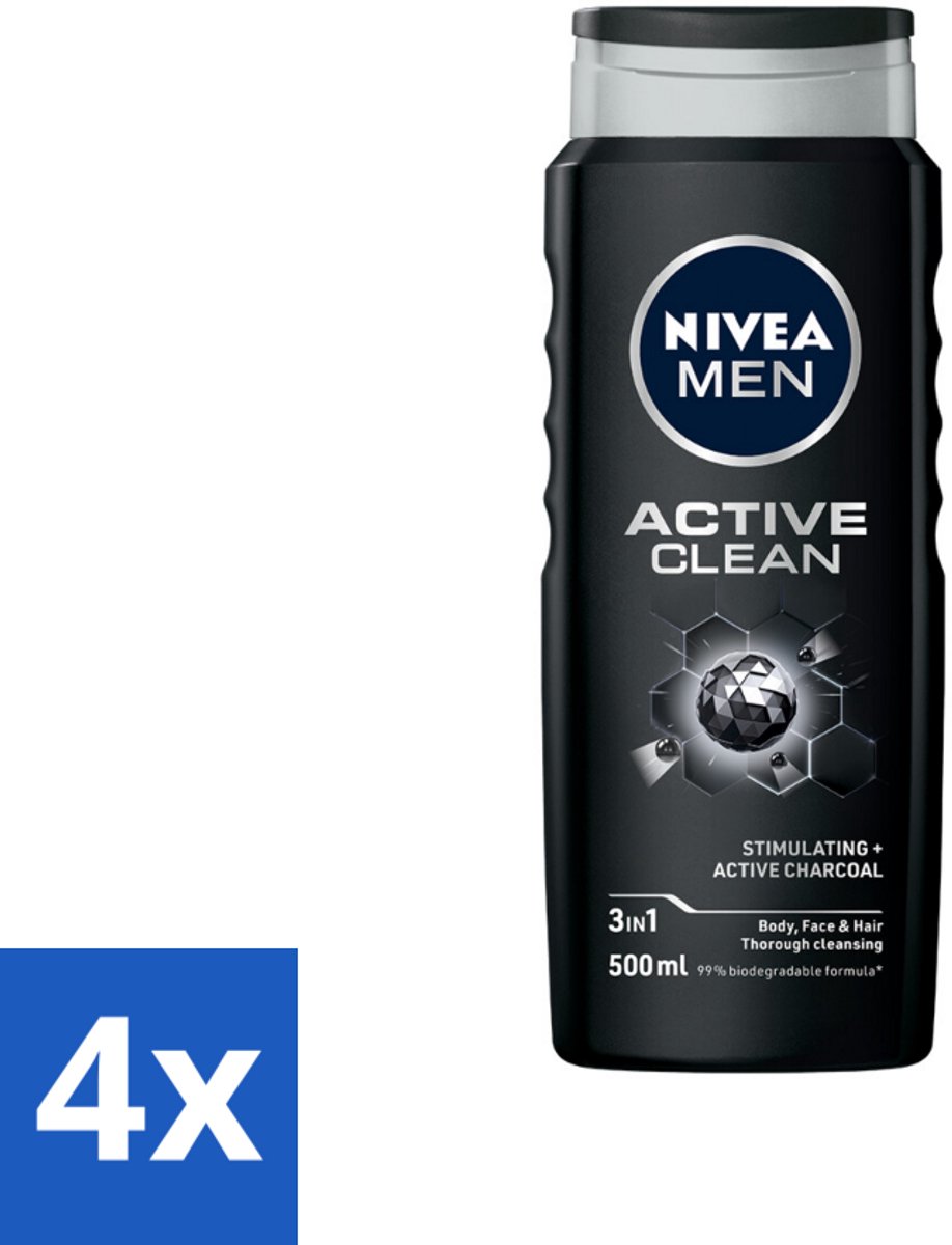4 x NIVEA MEN - Douchegel - Active Clean - 500 ml - Douchegel Mannen - Actief Houtskool - Reinigende Douchegel - Lichaam Reinigen - Gezicht Reinigen