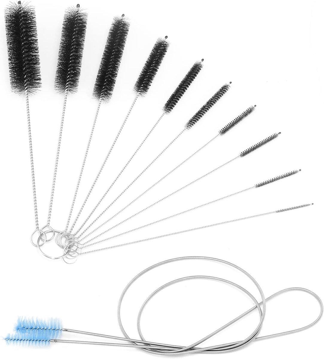 Aquarium schoonmaakborstels set van 11 - Flexibele buisborstel 155 cm - 10 nylon borstels in diverse maten - ShopVlot