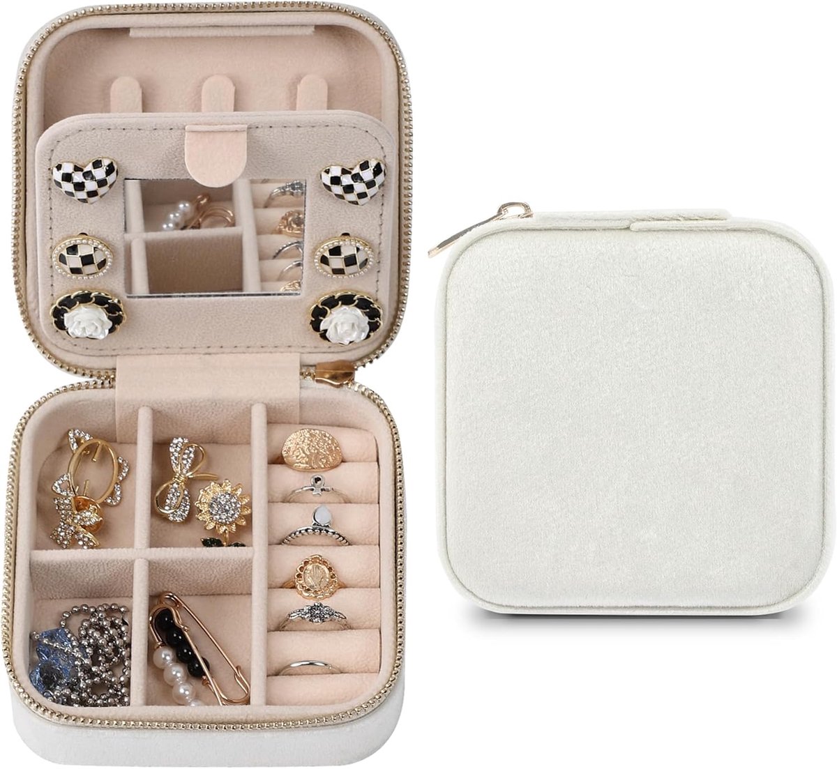Sieradendoosje op reis - klein sieradenkistje - fluwelen beige - perfect voor dames en meisjes - ShopVlot