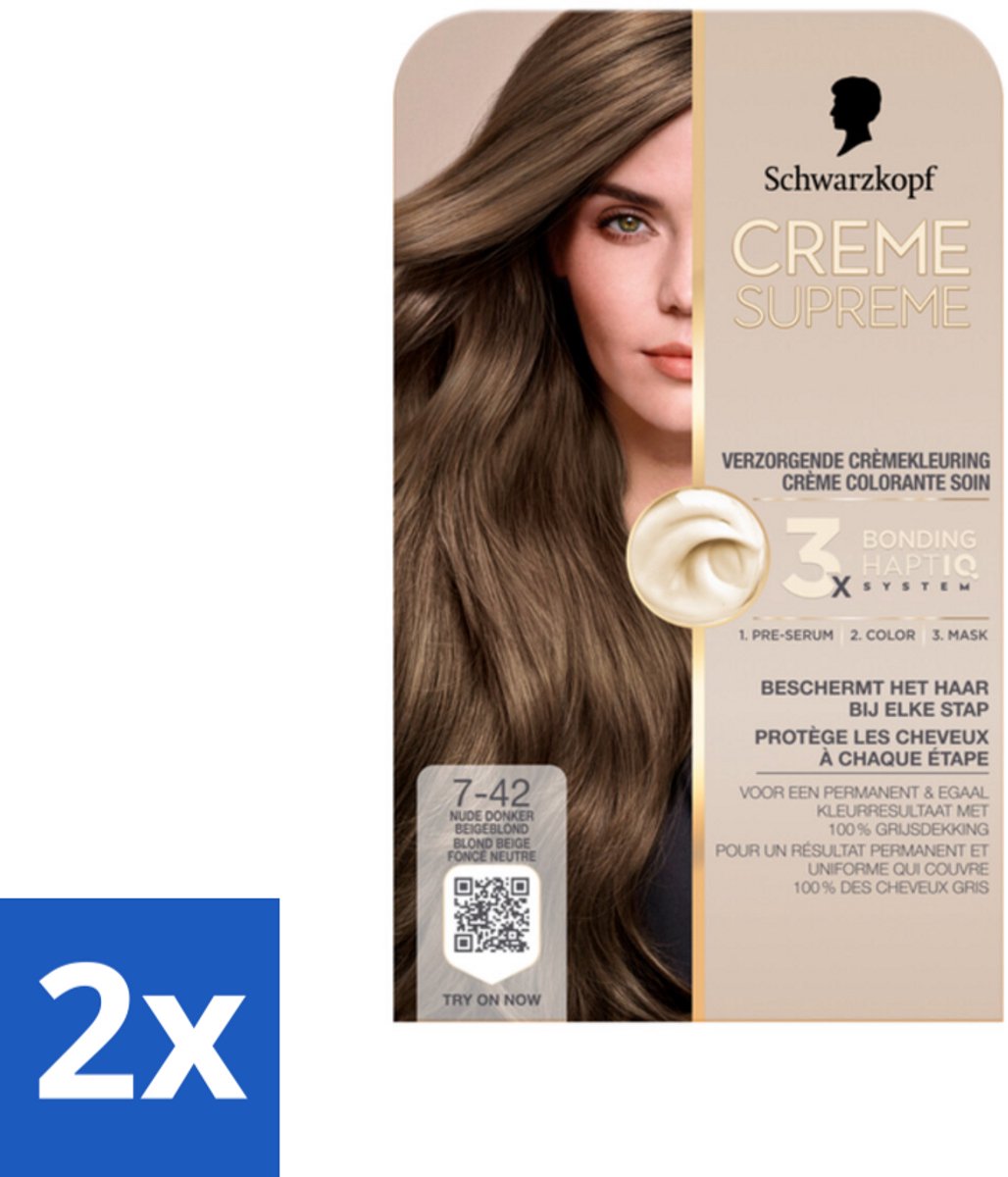 2 x Schwarzkopf - Haarkleuring - Creme Supreme 7-42 - Nude Donker Beigeblond - 245g - Permanente Haarkleuring - Haarkleur - Grijsdekking - Haarkleur 7-42 - Nude Donker Beigeblond