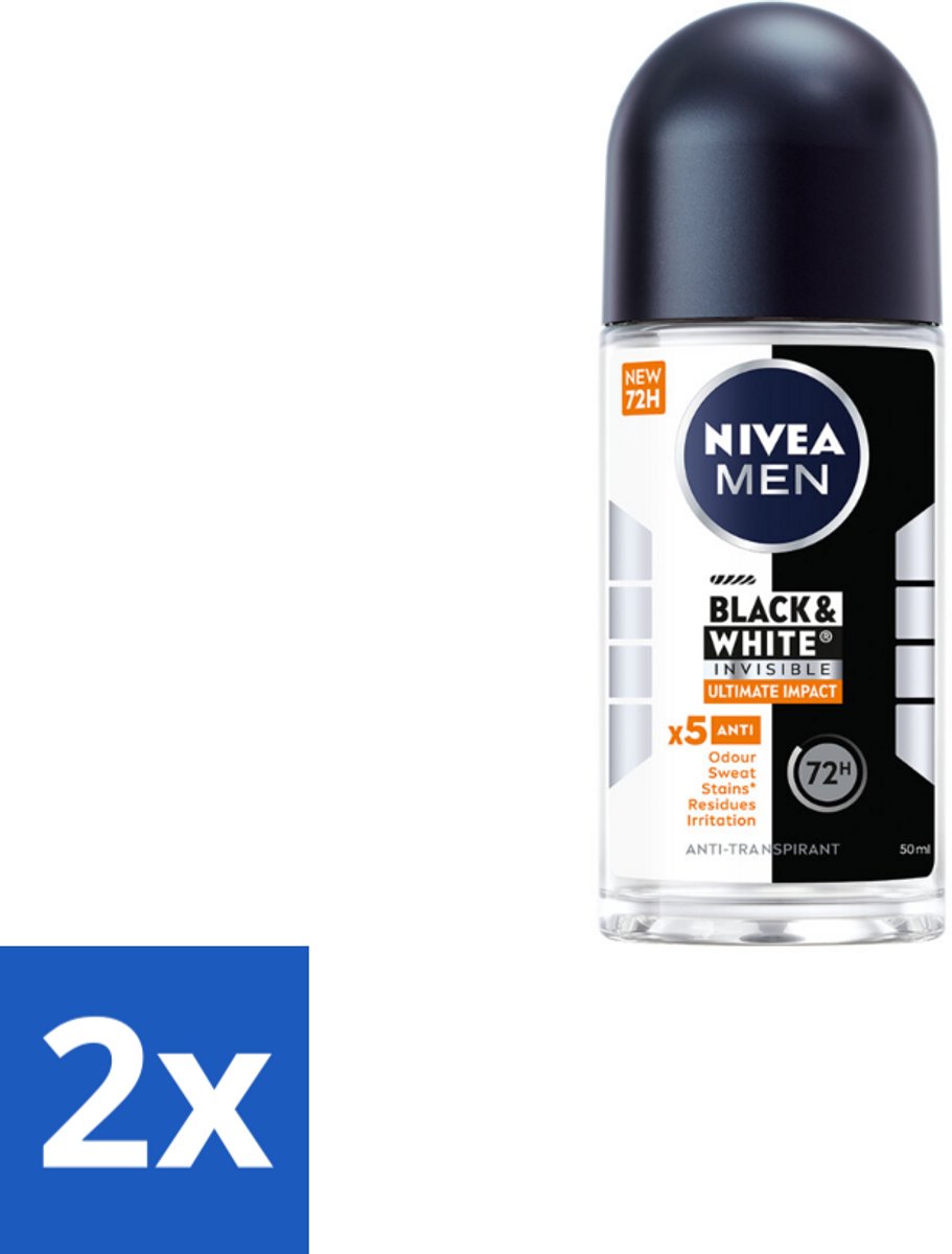 2 x NIVEA MEN - Deodorant Roller - Black & White Ultimate Impact - 50 ml - Deodorant - Zweetbestendig - Anti-vlekken - Kledingbescherming - Huidbescherming