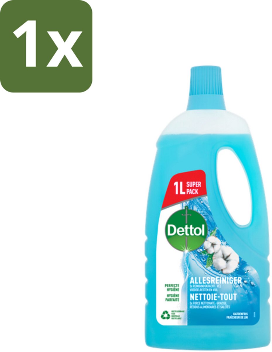 1 x Dettol - Allesreiniger - Power & Fresh - Katoenfris - 1 liter - Allesreiniger - Hygiëne - Reiniging - Vet Verwijderen - Voedselresten Verwijderen