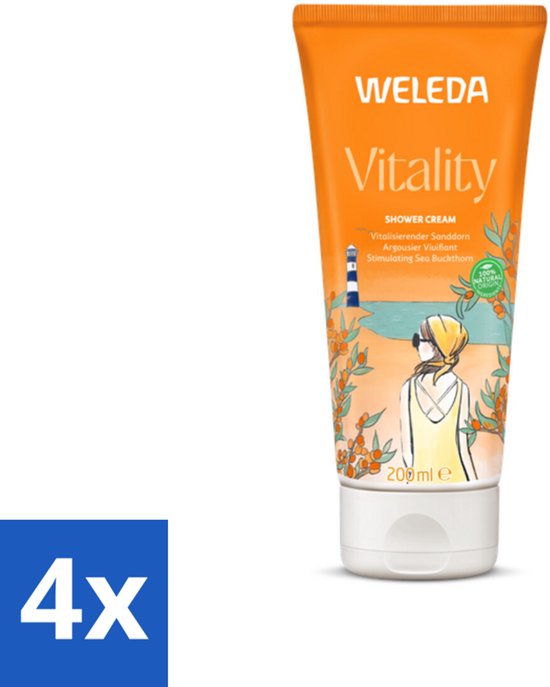WELEDA Vitality shower cream with stimulating sea buckthorn, 200ml, featuring a seaside illustration. 4-pack indicated.