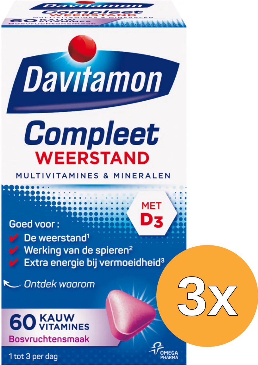 3x Davitamon Compleet weerstand kauwvitamines bosvruchten (60 tabletten)