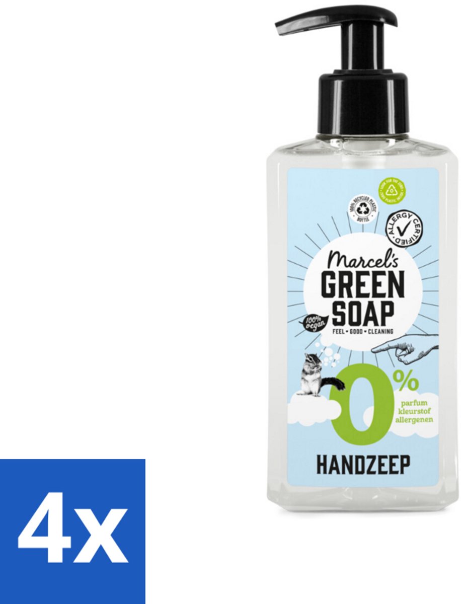 4 x Marcel's Green Soap - Handzeep 0% - Zachte verzorging - 250 ml - Handzeep - Biologische Zeep - Gevoelige Huid - Vegan Zeep - Natuurlijke Zeep