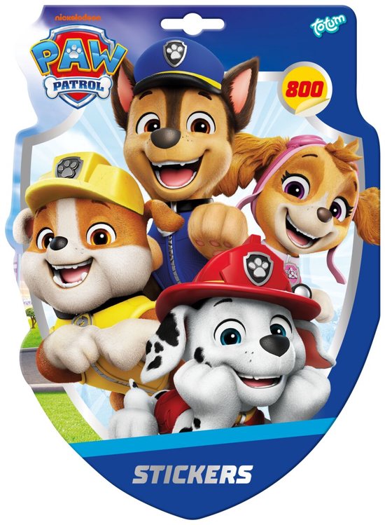 Voorzijde van de Paw Patrol stickerverpakking met Chase, Marshall, Rubble en Skye, tekst 'STICKERS'.