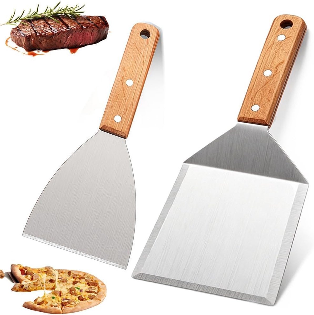 Plancha-spatel Set - Roestvrij staal - 23 cm - Lichtgewicht Grillspatel met Houten Handvat - Voor Grillen en Bakken