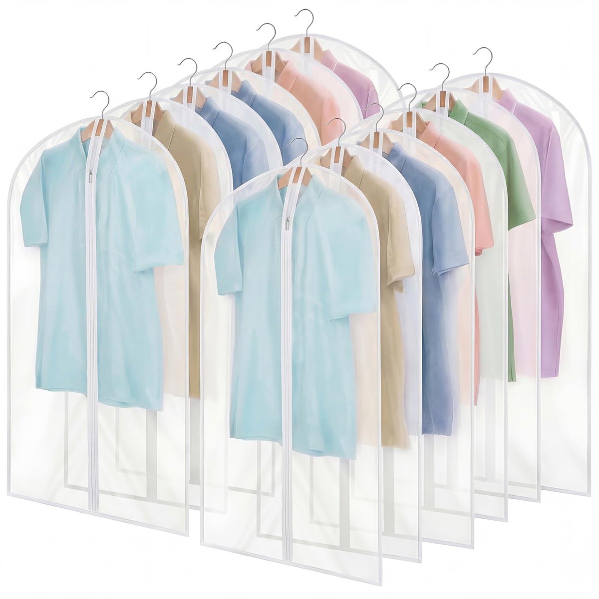 Famanu – Set van 12 kledingzakken van 60 x 100 cm, PEVA doorschijnende kledinghoezen, opbergzakken voor shirts, winterjassen en jassen, wit