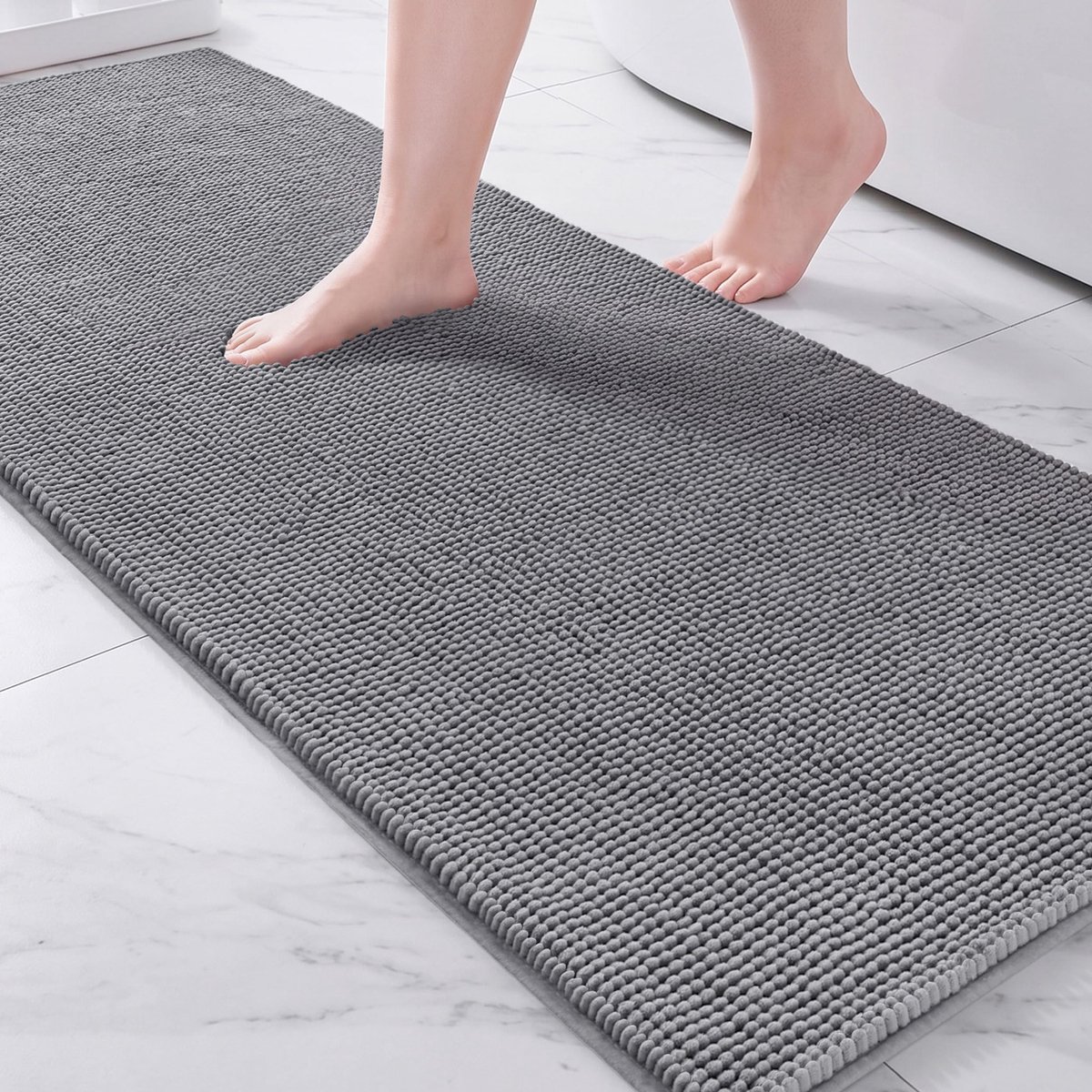 Famanu – Chenille badmat, wasbaar en absorberend, antislip badmat voor douche en badkamer, lichtgrijs, 60 x 180 cm