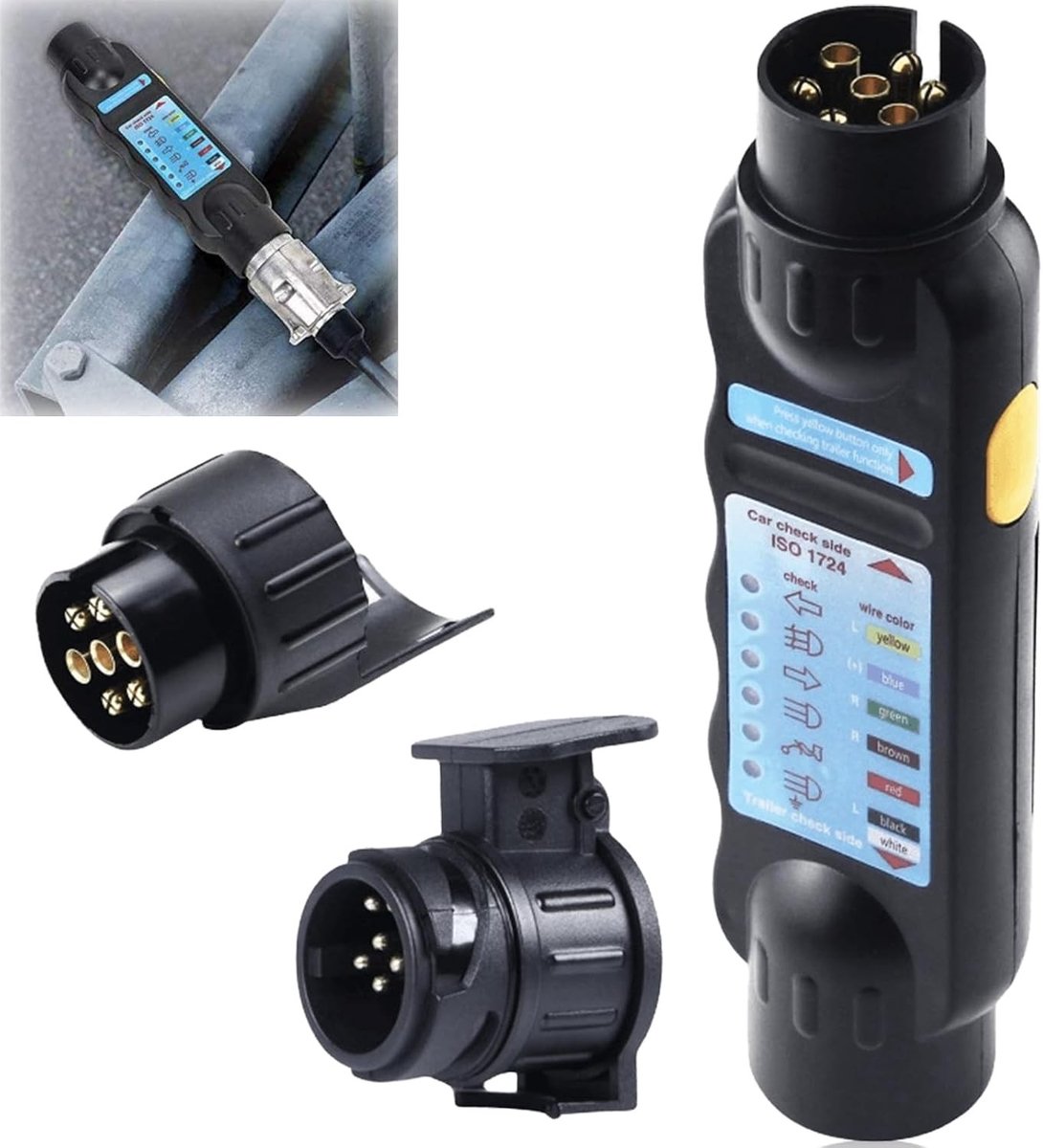 Aanhanger Tester - Zwart - 20 x 5 x 4 cm - 7-Pins Testapparaat met Adapters - Voor Auto's en Aanhangers