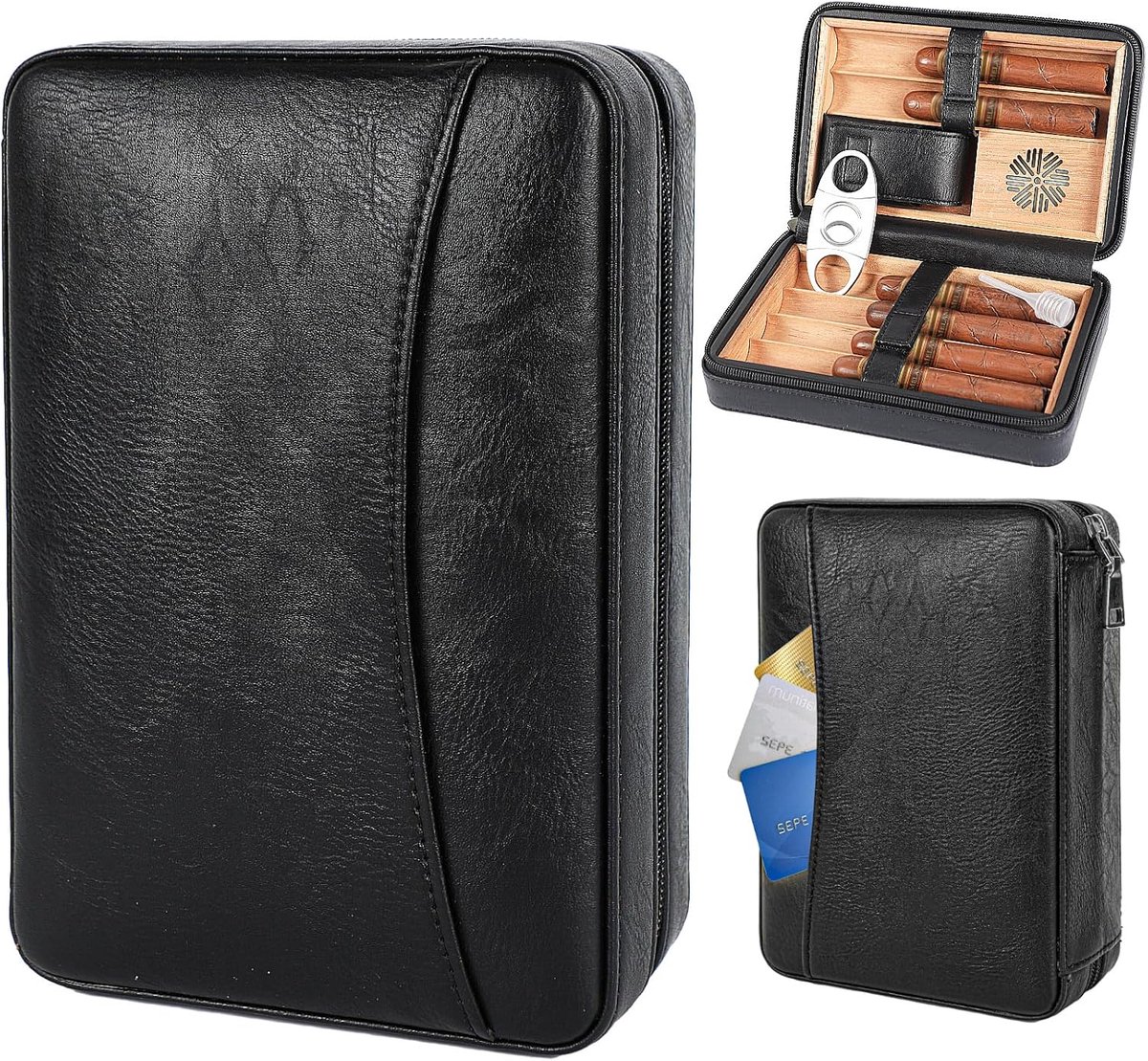 Hält6 Cigar Portable Leather Cigar Case Spanish Cedar Wood Interior and Card Storage Travel Cigar Humidor, Cigar - ShopVlot