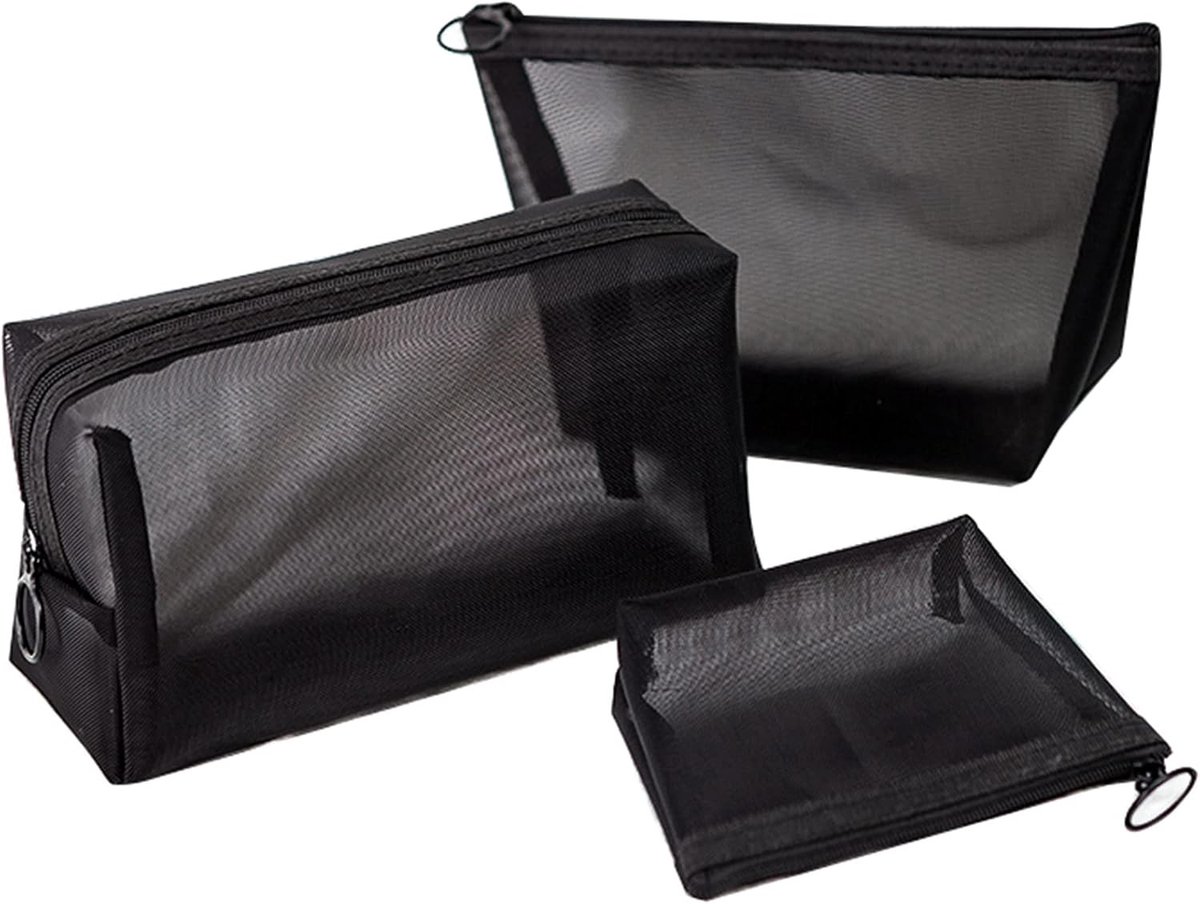 Make-uptas - Zwart - Set van 3 maten - Lichtgewicht Mesh met Ritssluiting - Voor Reizen en Thuisgebruik