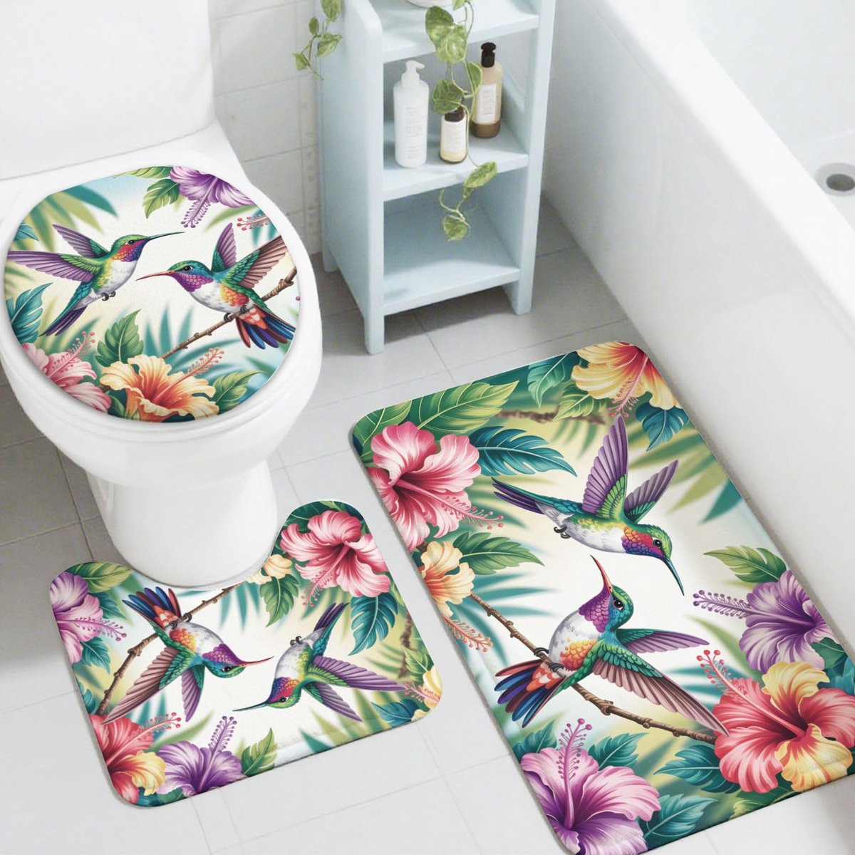 Badmatten set 3 stuks - Kolibrie met bloemen - Antislip en wasbaar - Perfect voor badkamer en toilet - ShopVlot