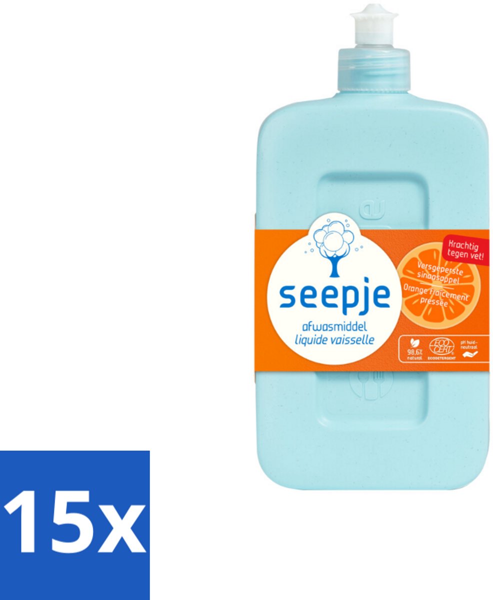 15 x Seepje - Afwasmiddel - Krachtige Reiniging - Versgeperste Sinaasappel Geur - 500 ml - Afwasmiddel - Natuurlijk Afwasmiddel - Versgeperste Sinaasappel Geur - Milieuvriendelijk Afwasmiddel - Vet Verwijderen
